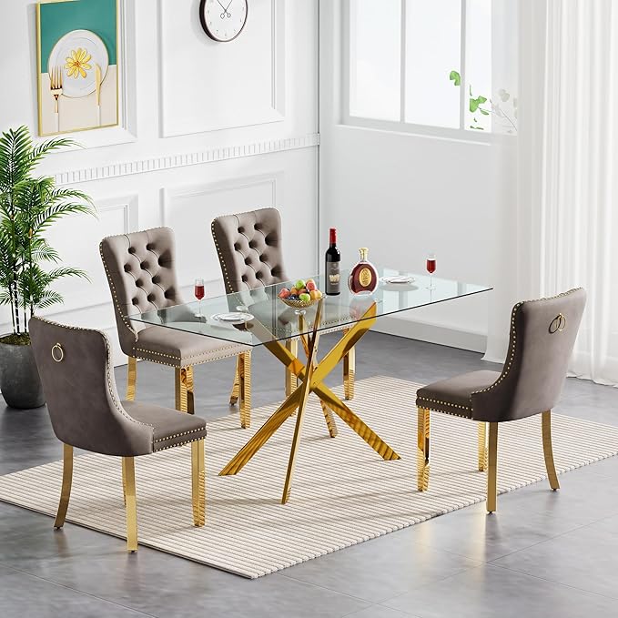 Goujxcy 5 Piece Glass Dining Table Set Modern Glass Dining Table Set for 4, 51" Rectangular Kitchen Table and 4 Velvet Upholstered Chairs for Kitchen Dining Room, Gold Table & Grey Chair