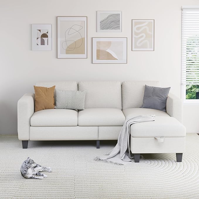 Sectional Sofa Couches for Living Room - 78'' Beige 3 Seat L-Shaped Couch with Storage Ottoman, Modern Linen Convertible Sectionals Sofas with Chaise for Apartment, Office, Small Space