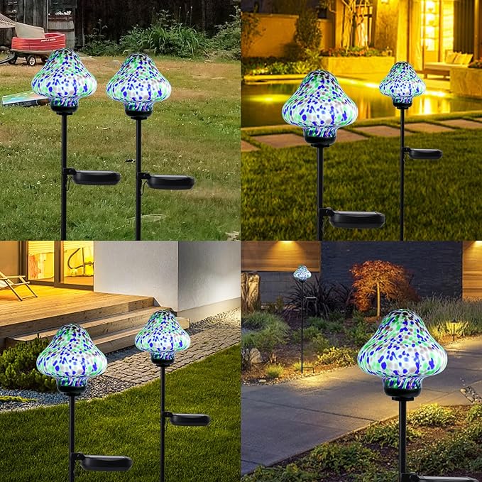 Bshine Mushroom Solar Outdoor Lights, Mosaic Mushroom Solar Lights Hand-Blown Glass Waterproof Metal Stakes Decorate Garden, Outdoor Yard Decor Backyard, Pathway, Porch and Lawn Ornaments 2 Pack