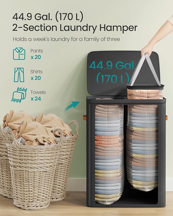 SONGMICS Laundry Basket, 44.9 Gal. Laundry Hamper, 2 Compartments, Easy Assembly, with Lid and Handles, Removable Liners, 22 x 15.7 x 29.5 Inches, Ink Black ULCB813B01