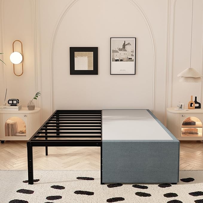 18 Inch King Bed Frame with Fabric Cover, Heavy Duty King Platform Bed Frame Support Up to 3000 lbs, Easy Assembly, Noise Free, Black