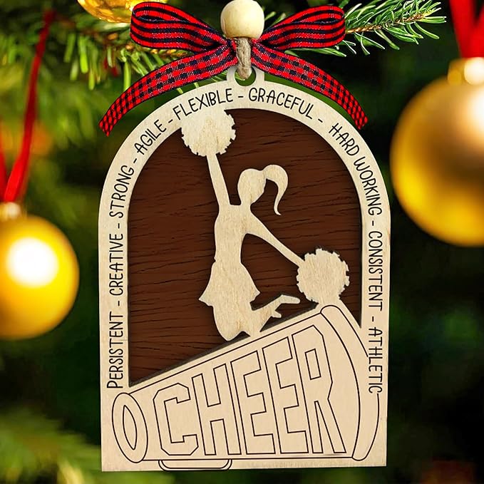 Cheerleader Christmas Ornament 2025 - Cheerleader Gifts for Girls - Gifts for Cheerleaders, Cheer Coach - Cheerleading Ornament Hanging Decor - 2 Layer Wood Cheerleading Ornaments for Christmas Tree