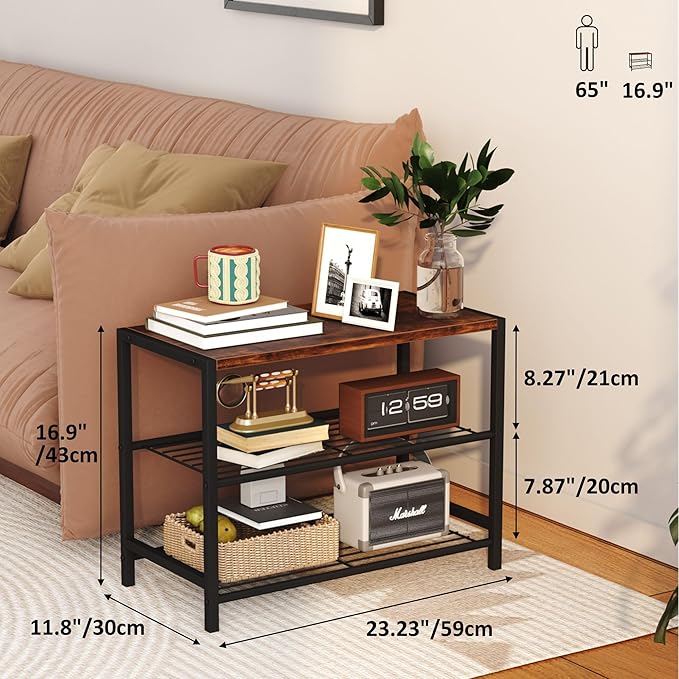 Yusong Shoe Rack Organizer, 3 Tier Industrial Shoe Storage Shelf for Closet Entryway, Narrow Sturdy Metal Shoe Shelves, Rustic Brown