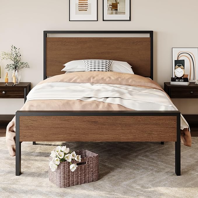 SHA CERLIN 14 Inch Twin Size Metal Platform Bed Frame with Wooden Headboard and Footboard, Mattress Foundation, No Box Spring Needed, Large Under Bed Storage, Heavy Duty Slats Support, Walnut
