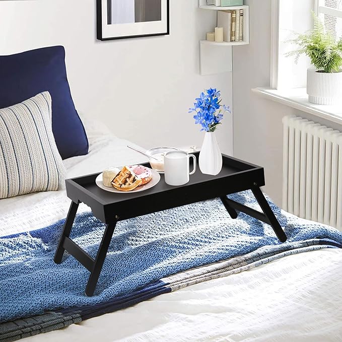 Bamboo Bed Tray Table with Foldable Legs, Breakfast in Bed Tray for Kitchen Serving Tray, Eating, Working, Drawing Tray (2 Pack, Black)