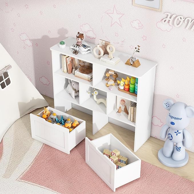 Toy Storage Organizer with Bookshelf, Large Toy Organizers and 2 Movable Drawers with Hidden Wheels and 5 Storage Cubbies, Kids Bookshelf and Toy Storage Chest, Playroom Furniture, White