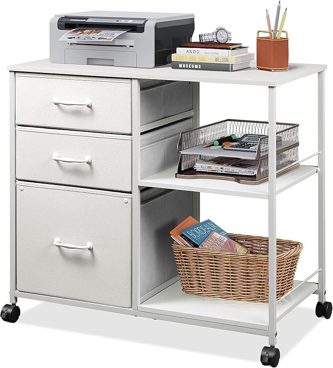 DEVAISE 3 Drawer Mobile File Cabinet, Rolling Printer Stand with Open Storage Shelf, Fabric Lateral Filing Cabinet fits A4 or Letter Size for Home Office, White