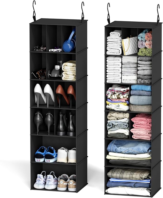 SpaceAid 2 Pack Hanging Closet Organizer and Storage with Dividers, 24 Compartments Hanging Shoe Shelves for Closet, Wardrobe, RV, Garment Rack - Black