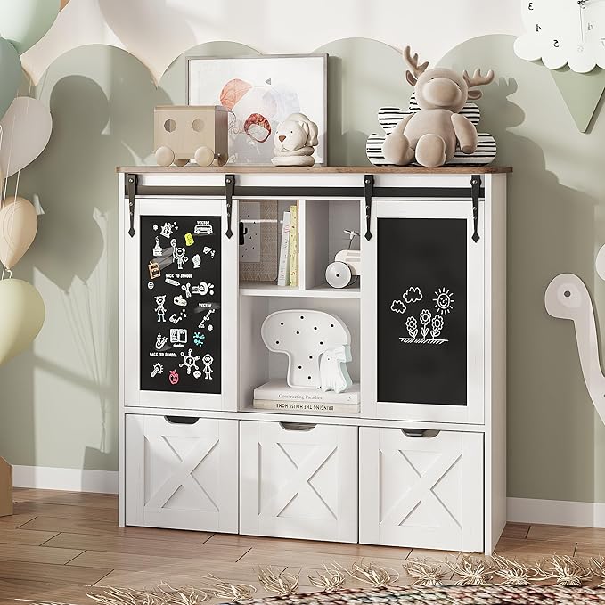 Vabches Toy Storage Organizer with Sliding Blackboard, Kids Bookshelf and Bookcase with 3 Movable Drawers & 5 Storage Cubbies, Multifunctional Storage Cabinet Toy Chest for Playroom,Nursery, Kids Room