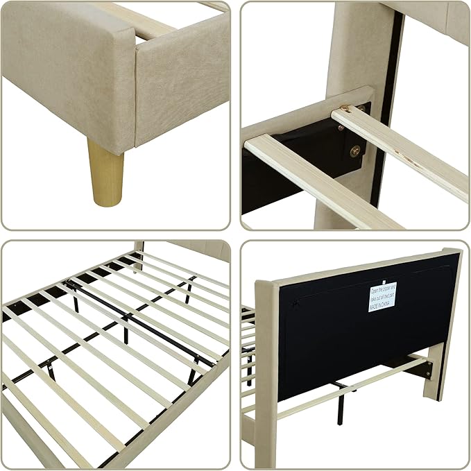 Low Profile Upholstered Platform Bed,Queen Beds with Beige(Linen)
