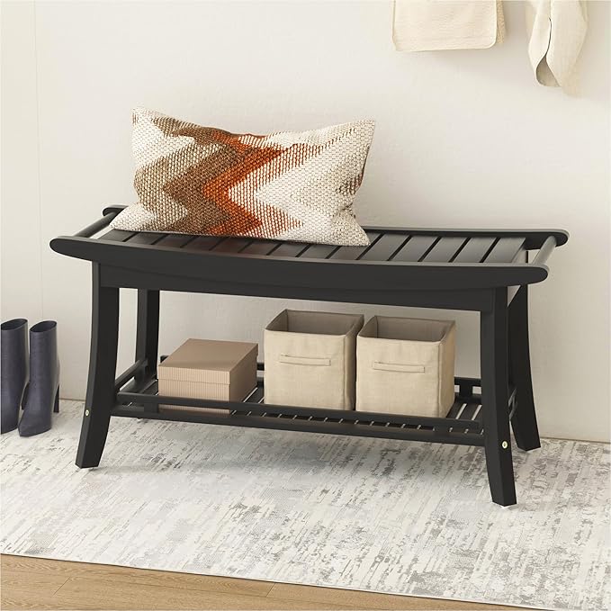 Bamboo Entryway Storage Bench with Shelves Shoe Rack Bench Seat Organizer for Porch Bedroom Bathroom Balcony 39 x 13 x 19.2 Inches Black