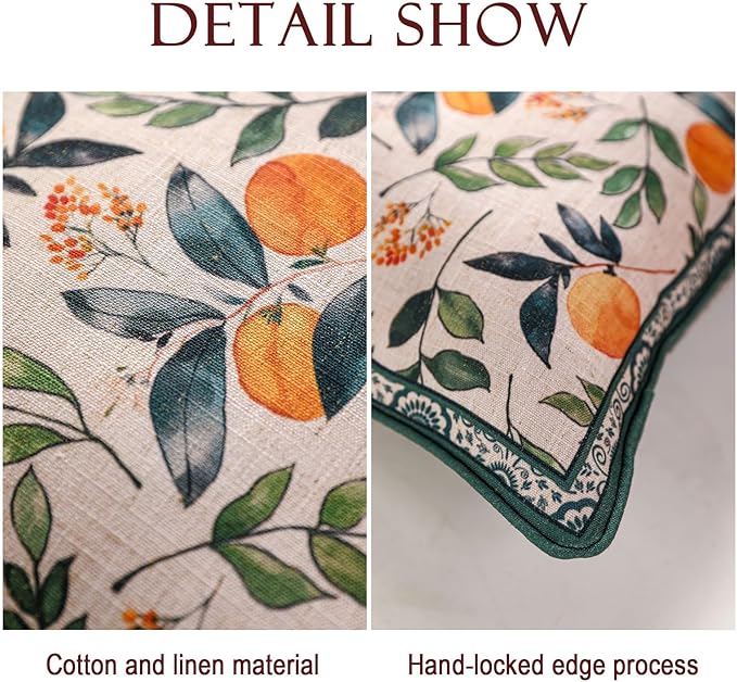 patdrea Designer Throw Pillow Covers Set of 2,Square Green Vintage Rustic Linen with Oranges Harvest Pattern Pillow Cover,Decorative Pillowcases Cushion for Bed Living Room Outdoor Car,18"x18"