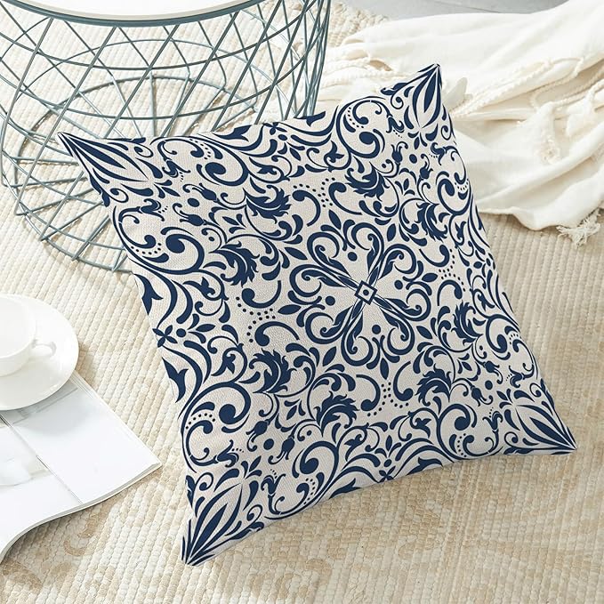 Navy Blue Boho Pillow Covers 18x18 Set of 2, Bohemian Ethnic Design Carpet Pattern Decorative Throw Pillows Linen Blue Print Farmhouse Cushion Pillow Covers for Sofa Couch Outdoor Decor