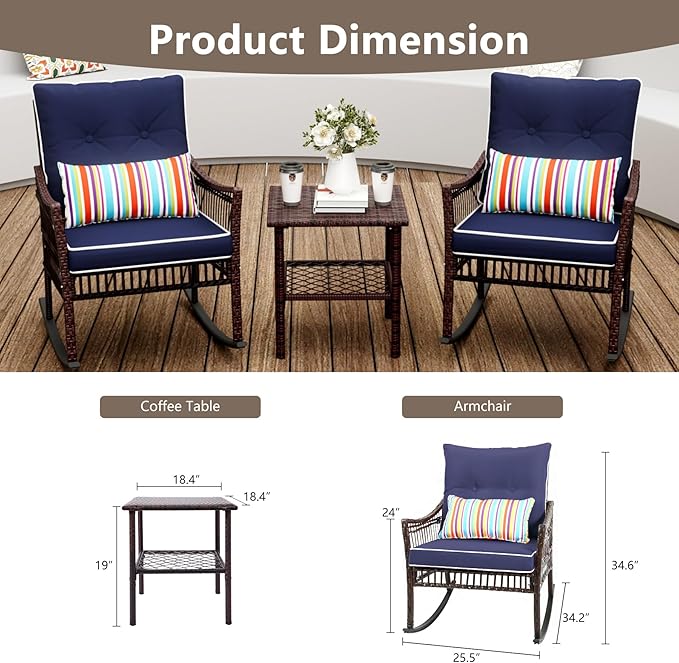3 Pieces Patio Furniture Set, Outdoor Rocking Chairs Set of 2, Wicker Cushioned Patio Rocker with Side Table for Porch, Garden, Poolside & Deck, Blue