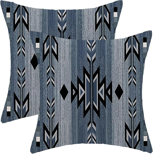 Boho Blue Carpet Throw Pillow Covers 18x18 Inch Set of 2, Rustic Tribal Decorative Throw Pillow Covers Antique Blue Linen Outdoor Cushion Cover for Sofa Couch Farmhouse Room Bed Decor