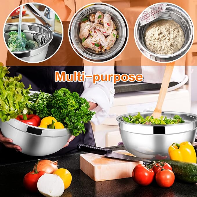 E-far Stainless Steel Mixing Bowls with Lids, 7-Piece Metal Nesting Bowls with Colorful Airtight Lids for Saving Storage Space, Size 7, 4.6, 3, 2, 1.5, 1, 0.7QT, Great for Baking/Cooking/Prepping