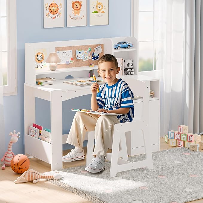 Kids Study Desk with Chair and Tiltable Desktop, Kids Stud Des and Chair Set with Hutch&Storage Cabinet, Wooden Children Study Table for 5-12 Years Old, Student Writing Desk for Bedroom (White)