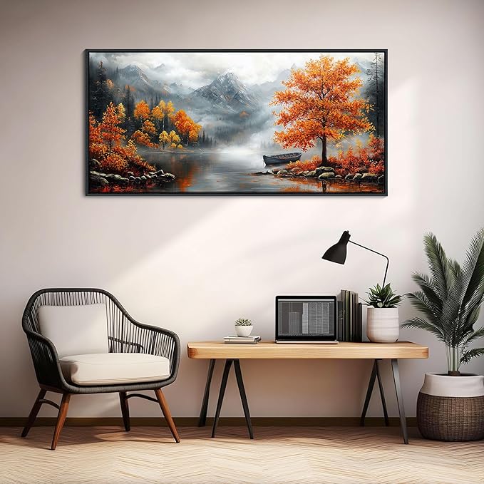 JEAWA Large Framed Canvas Painting - 24x48 IN Landscape Wall Decor Ready to Hang, Majestic Mountain Picture, Orange Trees by the Lake Art Prints for Bedroom Living Room Home Decoration