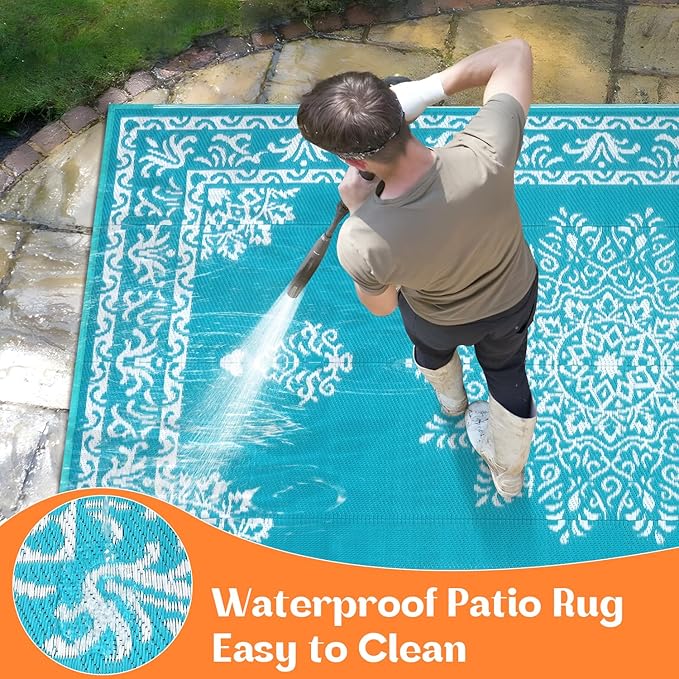 Yamaziot Outdoor Rug 8x10 Ft, Waterproof Plastic Straw Patio Rug, Reversible Backyard Carpet UV Resistant Portable RV Mat Clearance, Large Indoor Outdoor Rug for Patio, Porch, Deck, Balcony, Teal