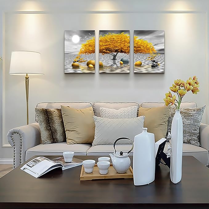 Wall decorations for living room Canvas Wall Art for bedroom Abstract wall decor Black and white Canvas Art Yellow tree paintings bathroom Home Decoration 3 Piece Hang Pictures Office Wall Artworks