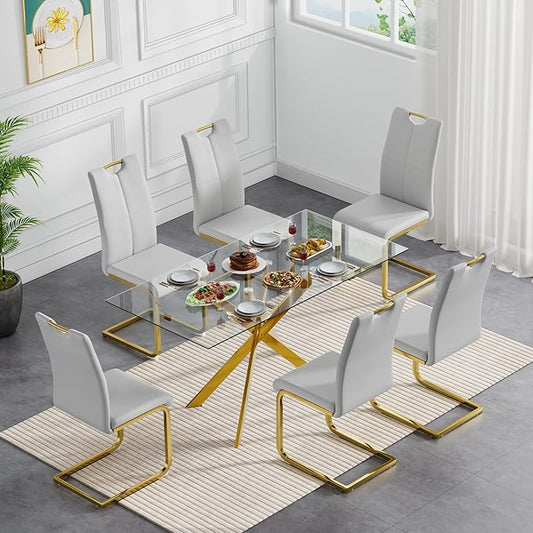 Modern Glass Dining Table Set for 6, Gold Glass Kitchen Table and Chairs Set of 6, 7 Piece Dining Room Table Set with 61" Rectangular Metal Glass Dinner Table and 6 Grey Leather Dining Chairs