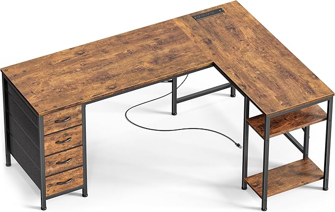 Huuger 55 Inch L Shaped Desk with Fabric Drawers, Reversible Computer Gaming Desk with Power Outlets and USB-C Port, Adjustable Side Storage Shelves, for Work Study Corner Home Office, Rustic Brown