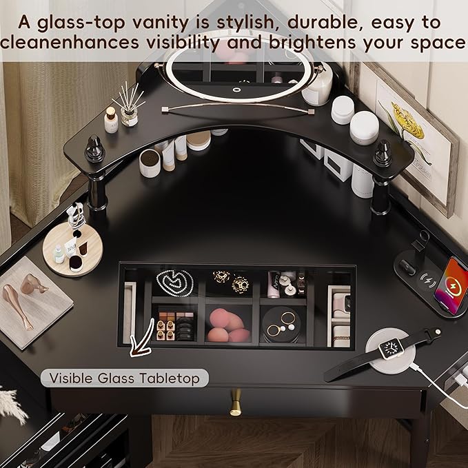 Merax Corner Vanity Desk Set with Storage Cushioned Stool & Charging Station, Triangle Makeup Desk with Removable Pull-Out Side Cabinet, Glass Tabletop Makeup Vanity with Drawer & Shelf, Black