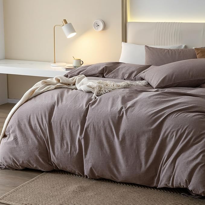 JIYUAN 100% Washed Cotton Duvet Cover Set 2 Pieces Twin, 1 Duvet Cover 68x90 Inches(Comforter Not Included) and 1 Pillowcases,Linen Feel Bedding Set Comfy and Breathable, Heathered Mauve Brown