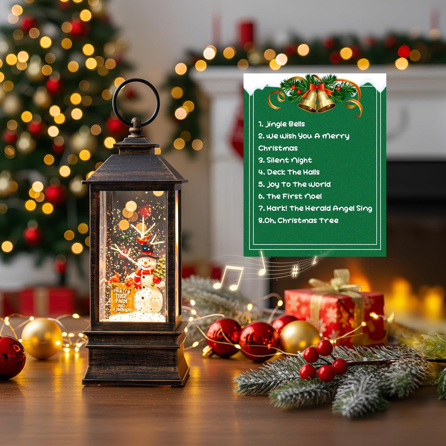 10'' Frosty's Tree Farm Snowman Musical Lighted Snow Globe Water Lantern with Swirling Glitter Decoration for Christmas Home, Living Room, Battery Operated or USB Powered