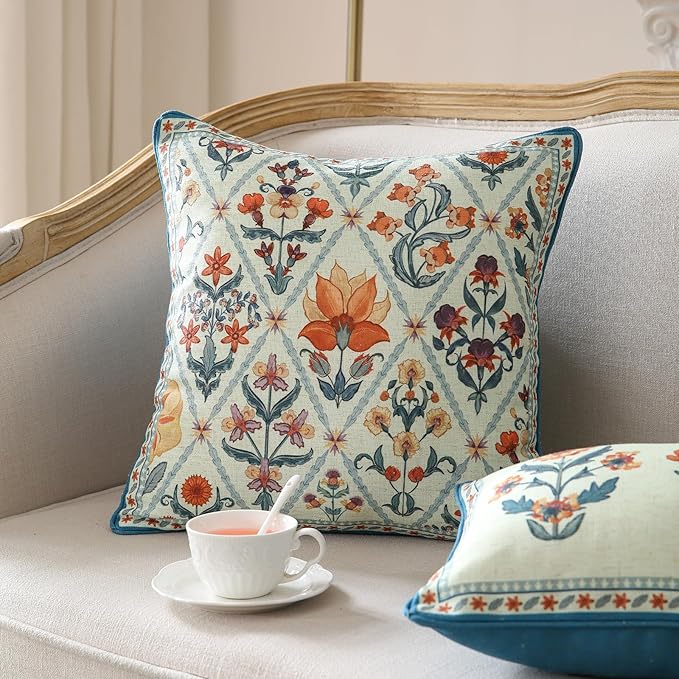 Design Square Linen Throw Pillow Covers 18"x18" Pack of 2, Blue Floral Country Cushion Covers with Colorful Wildflower Pattern Decor Pillowcases for Bed,Living Room,Outdoor,Car