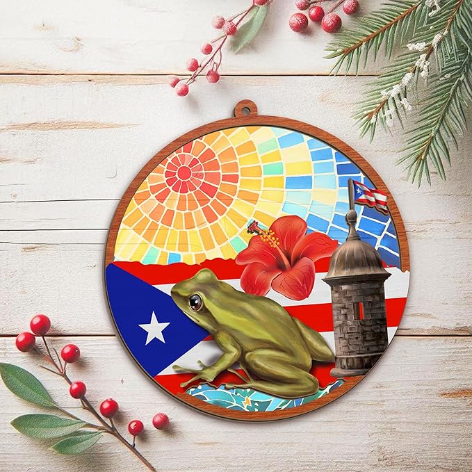 FLAGWIX Christmas Puerto Rico Gifts for Women Men - Coqui Frog Suncatcher Ornaments for Tree Decorations - Puerto Rico Christmas Ornament 2025, House Warming Gifts for Mom Dad, Friend Gift Ideas