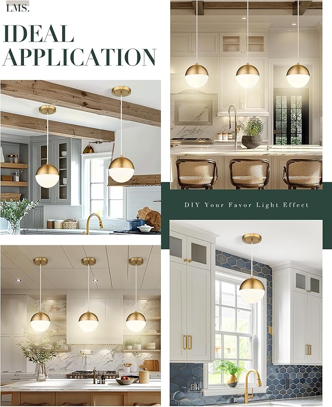 LMS 6-inch Brushed Gold Pendant Light Fixtures, Mid Century Pendant Light Fixtures with White Globe Glass, Adjustable Hanging Cord Ceiling Light Fixtures for Dining Room Bathroom, LMS-186BGS