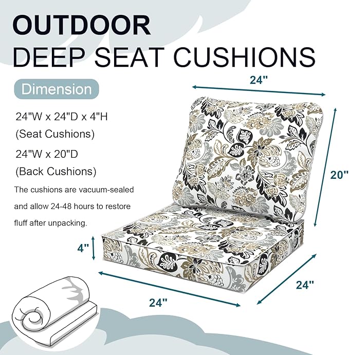 Outdoor Deep Seat Cushions Set 24 x 24 Inch for Patio Furniture,Water Resistant Chair Cushions Replacement Includes Seat Cushion & Back Pillow for Couch Sofa, Wicker Chair - Dailey Tan