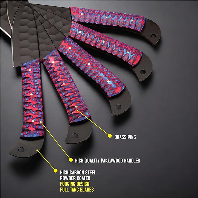 5 PCS Handmade Kitchen Chef Knife Set Hand Forged High Carbon Steel Blade Pakka wood Handle With Leather Bag Kit set included (Chef, Cleaver, Butcher, Paring, Fillet knife, Utility Knife) (Pakka Wood)