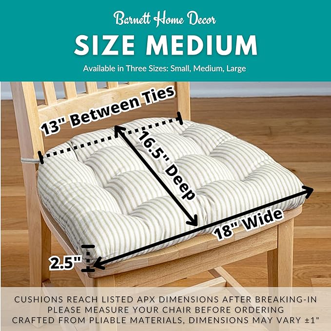 Barnett Home Decor Madrid Natural Dining Chair Pad with Ties - Medium Size 18 Chair Cushion - Latex Foam Fill - Machine Washable, Reversible, 100% Cotton, Made in USA (Neutral Gingham)