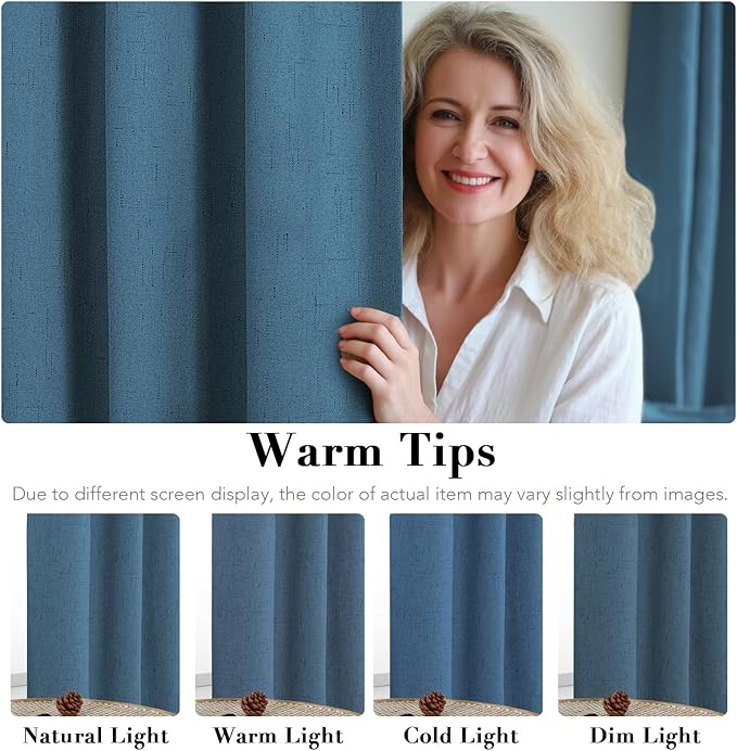 H.VERSAILTEX 100% Blackout Curtains for Bedroom Thermal Insulated Linen Textured Curtains Heat and Full Light Blocking Drapes Living Room Curtains 2 Panel Sets, 42x45 Inch, Blue Sapphire