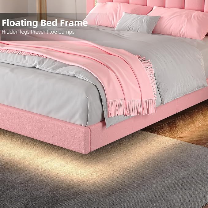 HOMBCK Floating Twin Bed Frame with Smart LED Lights, Faux Leather Upholstered Platform Bed with Diamond Headboard, No Box Spring Needed, Noise-Free, Easy Assembly, Pink