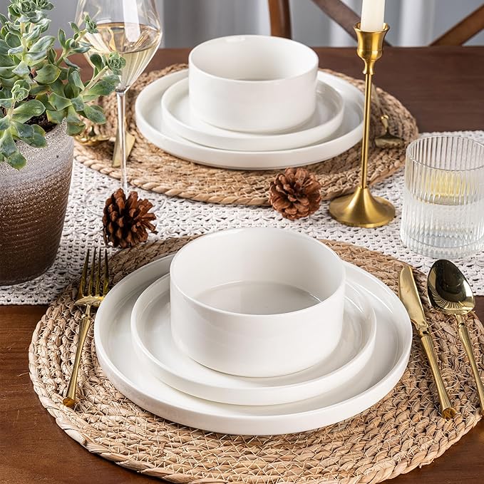 LERATIO Ceramic Dinnerware Sets for 4,Plates and Bowls Sets,Handmade Reactive Glaze Dishes Set,Scratch Resistant | Oven&Dishwasher & Microwave Safe,Service for 4-White