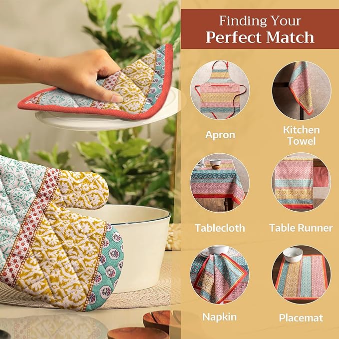 Maison d' Hermine Oven Gloves 100% Cotton Oven Mitt 7" x 13" with Loop Heat Resistant, BBQ, Cooking Gloves, Baking, Grilling, Kitchen, Handling Hot Pans Spring/Summer (Pack of 1, Provence)