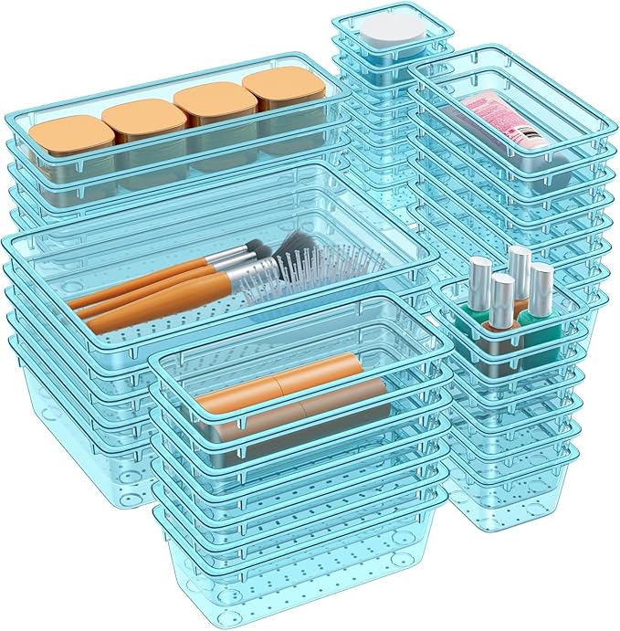 WOWBOX 40 PCS Plastic Drawer Organizer Set, 4 Sizes Desk Drawer Organization and Storage Containers for Makeup, Cosmetics, Jewelry and Gadgets in Kitchen, Bathroom, Bedroom, Office, Clear Sea Blue