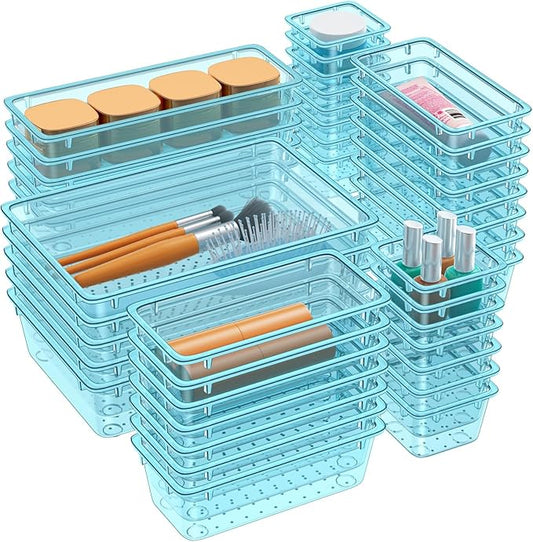 WOWBOX 40 PCS Plastic Drawer Organizer Set, 4 Sizes Desk Drawer Organization and Storage Containers for Makeup, Cosmetics, Jewelry and Gadgets in Kitchen, Bathroom, Bedroom, Office, Clear Sea Blue