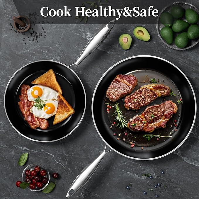 Stainless Steel Frying Pan with Lid 12 inch Titanium Ceramic Nonstick Frying Pan,Skillet with Stay-Cool Handle Non Toxic Healthy Ceramics Egg Pans,PFAS PFOA PTFE Free,Suitable for All Stove