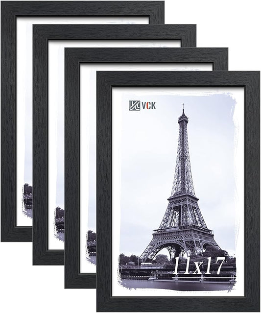 VCK 11x17 Poster Frame Set of 4, Black Solid Wood Picture Frames with Exclusive Woodgrain, Wall Gallery Frame
