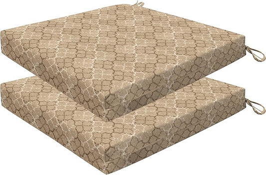 Honeycomb Outdoor Essentials Set of 2 Square Seat Pads, 19 x 19, Courtyard Geo Almond Dining Chair Cushions for Patio Furniture