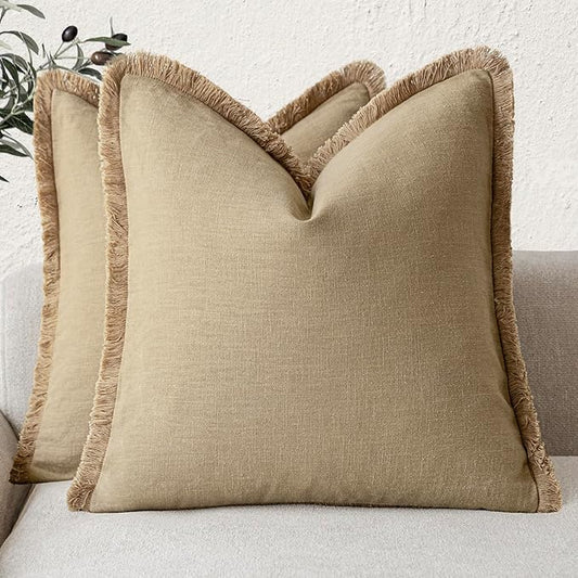 Foindtower Set of 2 Decorative Linen Fringe Throw Pillow Covers Farmhouse Cushion Cover with Tassels Soft Accent Pillowcase for Couch Chair Sofa Bed Living Room Home Decor,16×16 Inch,Light Khaki Taupe