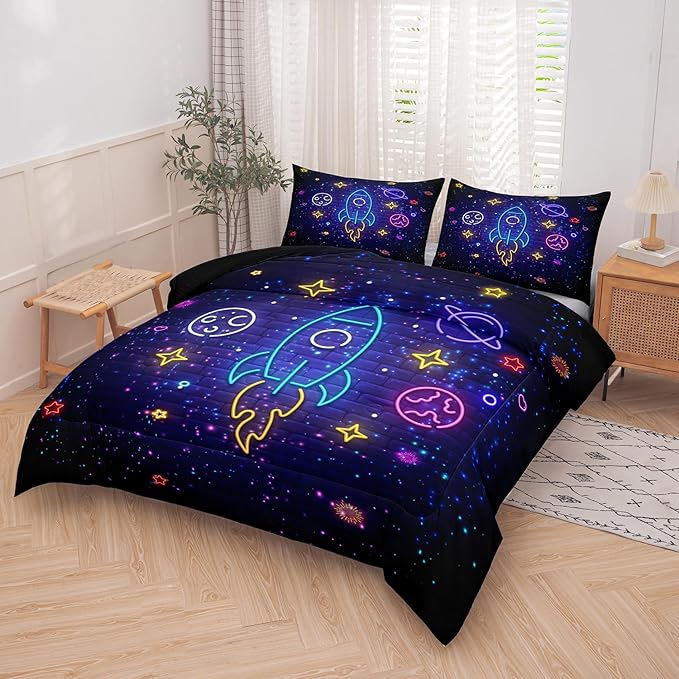 Tailor Shop Space Bedding Full Size Comforter Sets Twin Comforter Set for Kids Boys Galaxy Bedding with 2 Pillowcase……