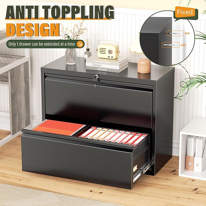 Greenvelly Lateral File Cabinet 2 Drawer, Lockable Metal Filing Cabinet for Home Office, Black Metal File Cabinet with Lock for Legal/Letter/A4/F4 Size with Hanging Bars&Key