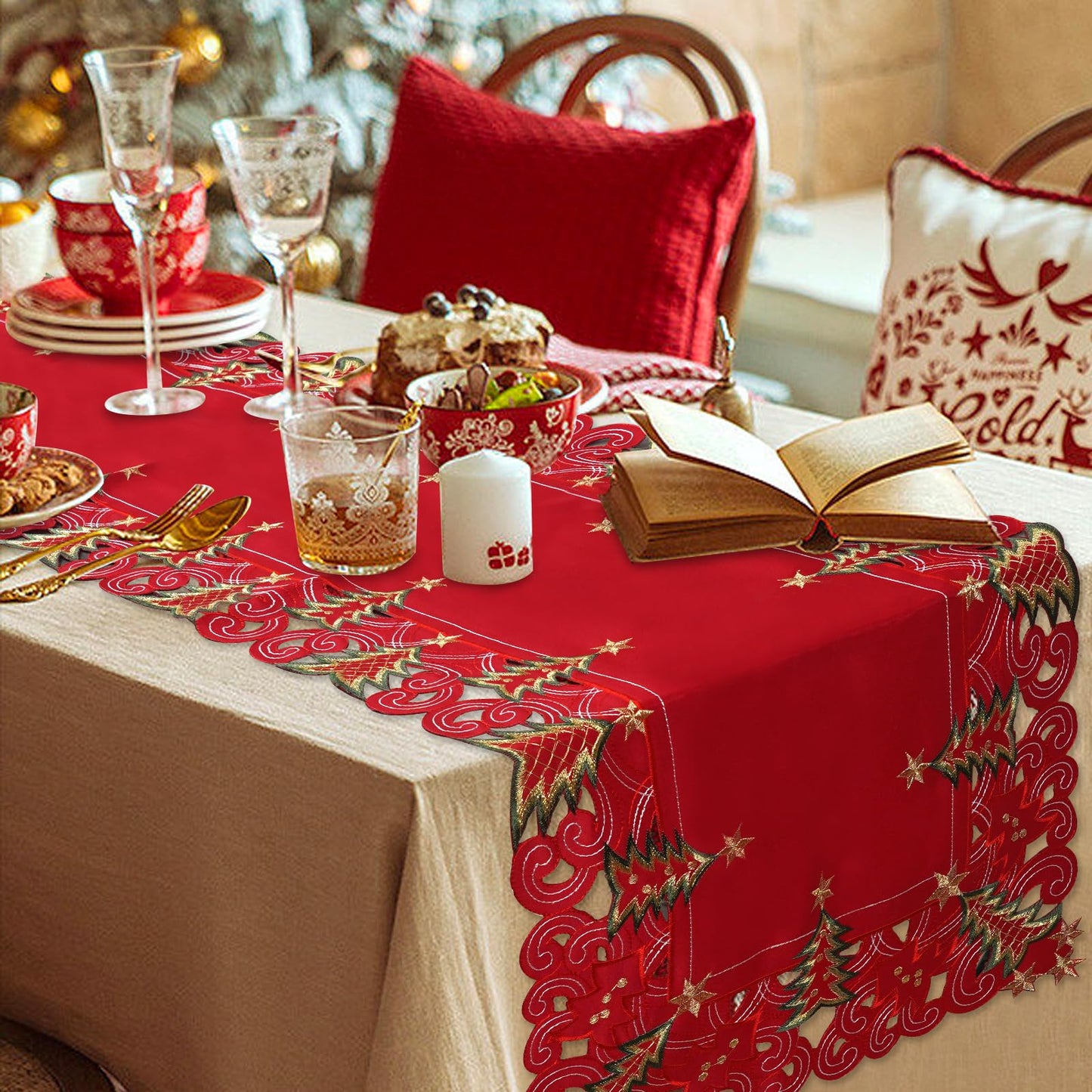 SHANGRLA Red Christmas Tree Table Runner 72 Inches Long – Embroidered Lace Tablerunner with Xmas Tree Design, Elegant Festive Dining Room Table Decor, Holiday Table Linen Centerpiece