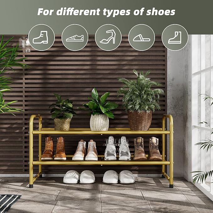 SUFAUY Shoe Rack for Closet, 33" Wide Metal Shoe Rack Organizer Heavy Duty, 2-Tier Mesh for Shoes, Gold