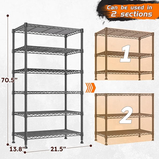 REIBII 6-Tier Metal Shelving Unit Storage Shelves, Sturdy Wire Shelving Adjustable Deep Pantry Shelves Load 800LBS Storage Rack for Kitchen Pantry Closet, Keep Organized, 2 Pack